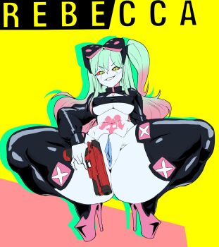 alternate_hairstyle artificial_eye ass black_thighhighs breasts colored_sclera cropped_jacket cyberpunk_(series) cyberpunk:_edgerunners gun high_heels highres long_hair medium_breasts pink_tattoo platform_footwear platform_heels pussy rebecca_(cyberpunk) side_ponytail squatting thecon thick_thighs thighhighs thighs weapon