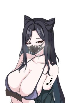 Rule 34 | 1girl, arm under breasts, azur lane, black gloves, black hair, black mask, blue hair, breasts, brown eyes, cleavage, collarbone, colored inner hair, commentary request, cone hair bun, cum on mask, double bun, erciyuan fan mou, eyeliner, gloves, hai chou (azur lane), hair bun, highres, huge breasts, makeup, mask, mole, mole under eye, mouth mask, multicolored hair, parted bangs, red eyeliner, simple background, single glove, solo, upper body, white background