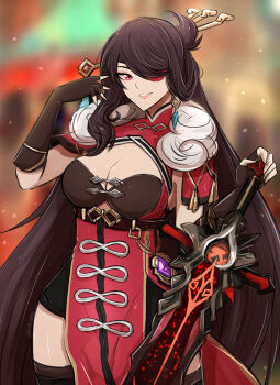 1girl absurdres beidou_(genshin_impact) black_hairband black_leotard black_thighhighs blackcliff_slasher_(genshin_impact) breasts brown_hair china_dress chinese_clothes cleavage cleavage_cutout clothing_cutout commentary dress earrings elbow_gloves english_commentary eyepatch fingerless_gloves genshin_impact gloves grin hair_ornament hair_stick hairband highres holding holding_sword holding_weapon jewelry large_breasts leotard long_hair parted_lips pelvic_curtain red_dress red_eyes single_sidelock smile solo sword thighhighs weapon