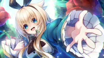 1girl :d alice_(grimms_echoes) blonde_hair blue_eyes breasts brown_neckerchief buttons flower frilled_sleeves frills grimms_echoes hair_between_eyes highres long_hair long_sidelocks looking_at_viewer neckerchief open_mouth outstretched_arm red_flower red_rose rose ruisuke sidelocks smile solo teeth upper_teeth_only wide_sleeves