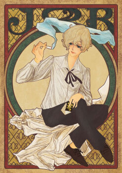 1boy art_nouveau bishounen black_pants blue_eyes highres hino_ataru long_sleeves male_focus oskar_reiser pants shirt shoes short_hair sitting solo touma_no_shinzou white_shirt
