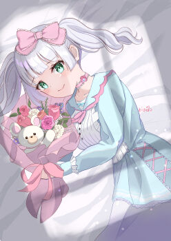 1girl absurdres artist_name bed_sheet blue_dress blue_flower blunt_bangs blush bouquet bow breasts buttons choker closed_mouth collar collarbone commentary_request cross-laced_clothes dress flower frilled_collar frills from_above green_eyes grey_hair hair_bow heaven_burns_red highres holding holding_bouquet holding_stuffed_toy light_particles long_hair long_sleeves looking_at_viewer lying medium_hair on_bed on_side orange_flower orange_rose pink_bow pink_choker pink_flower pink_ribbon pink_rose purple_flower red_flower red_rose ribbon rose smile smyin_rii solo stuffed_animal stuffed_toy sugawara_chie teddy_bear twintails white_flower white_hair white_rose