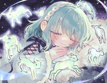 1girl aqua_hair baby_animal closed_eyes commentary hairband kimi_no_koto_ga_dai_dai_dai_dai_daisuki_na_100-nin_no_kanojo lace-trimmed_sleeves lace_trim lamb light_blush long_sleeves medium_hair nemui_nemu nozawa_yukiko official_art sheep sleeping smile solo white_hairband wide_sleeves