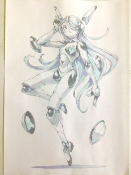 1girl android arm_up black_eyes blue_hair breasts commentary floating full_body hair_over_one_eye heart highres joints leg_up long_hair looking_up nude open_mouth original peter_salt robot_ears robot_joints small_breasts solo traditional_media very_long_hair white_background