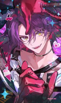 1boy :d belt black_belt black_choker black_jacket choker collarbone colored_inner_hair commentary_request ear_piercing earrings fangs gloves hair_between_eyes hand_up heart highres jacket jewelry koujisako long_sleeves looking_at_viewer male_focus multicolored_eyes multicolored_hair nijisanji o-ring o-ring_belt open_mouth piercing pink_hair purple_eyes purple_hair red_gloves shirt short_hair smile solo sparkle star_(symbol) sticker teeth twitter_username two-tone_hair upper_body virtual_youtuber watarai_hibari watarai_hibari_(1st_costume) white_shirt yellow_eyes