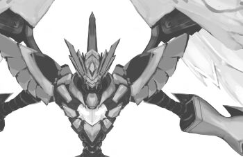 Rule 34 | armor, digimon, digimon (creature), feathered wings, greyscale, highres, horns, monochrome, name e04, simple background, single horn, upper body, white background, wings, zephagamon