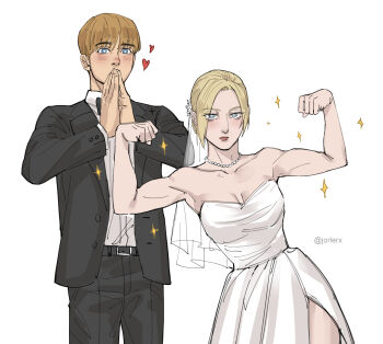1boy 1girl annie_leonhart armin_arlert bare_arms bare_shoulders black_bow black_bowtie black_pants black_suit blonde_hair blue_eyes blush bow bowtie breasts bridal_veil bride cleavage clenched_hands collared_shirt commentary couple cowboy_shot derivative_work dress english_commentary flexing formal_clothes groom hair_between_eyes hetero highres husband_and_wife jacket jewelry jorlerx looking_at_another medium_breasts muscular muscular_female necklace own_hands_together pants parted_lips pearl_necklace shingeki_no_kyojin shirt short_hair side_slit sparkle suit suit_jacket twintails veil wedding_dress white_background white_dress white_shirt