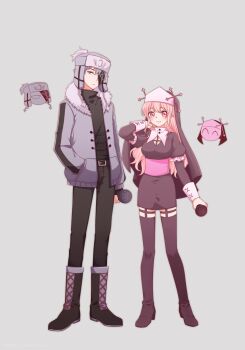 Rule 34 | 1boy, 1girl, :3, arm at side, belt, black belt, black footwear, black gloves, black pants, black sweater, black veil, boots, breasts, closed mouth, commentary request, cross hat ornament, dress, eyepatch, fingerless gloves, friday night funkin', frilled sleeves, frills, full body, fur-trimmed jacket, fur trim, gloves, grey background, grey hat, grey jacket, habit, hand in pocket, hat, herliearse, high heel boots, high heels, highres, holding, holding microphone, humanization, jacket, knee boots, legwear garter, long hair, long sleeves, looking at viewer, medium breasts, microphone, nun, open clothes, open jacket, pants, pencil dress, pink belt, pink eyes, pink hair, puffy sleeves, ruvyzvat (friday night funkin'), sarvente (friday night funkin'), short hair, simple background, single vertical stripe, skindentation, standing, sweater, thigh boots, turtleneck, turtleneck sweater, ushanka, veil