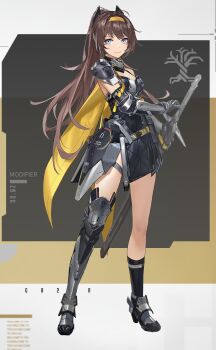 1girl absurdres aether_gazer armor armored_boots artist_request asymmetrical_legwear black_dress black_thighhighs blue_eyes boots breasts brown_hair cape closed_mouth commentary_request dress fighting_stance full_body grey_background hairband headgear highres long_hair official_art pauldrons ponytail ready_to_draw sheath sheathed shoulder_armor simple_background single_bare_shoulder single_pauldron single_sock single_thighhigh small_breasts smile socks solo standing sword thighhighs verthandi_(aether_gazer) very_long_hair weapon yellow_cape yellow_hairband