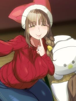 Rule 34 | 1girl, animal ear headwear, blue pants, blush, braid, breasts, brown hair, christmas, denim, fake animal ears, finger to mouth, green eyes, hair over shoulder, hat, indie virtual youtuber, jeans, jewelry, kinmugieiou, large breasts, lips, long hair, low-tied long hair, mature female, mole, mole under mouth, narrowed eyes, pants, plump, reaching, red hat, red sweater, ring, single braid, sitting, smile, solo, sweater, tsukushibara sumine, virtual youtuber, wedding band, wedding ring