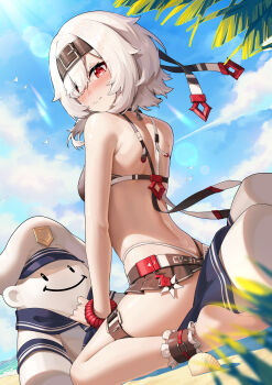 1girl absurdres azur_lane beach bikini bikini_skirt black_bikini black_hairband blush bon_homme_richard_(azur_lane) bon_homme_richard_(meta)_(azur_lane) breasts commentary_request commission curious day from_behind from_below from_side full_body hair_over_one_eye hairband highleg highleg_bikini highres jfzm001 looking_at_viewer looking_back looking_down ocean on_ground outdoors palm_tree partial_commentary pixiv_commission red_eyes sitting small_breasts solo surprised swimsuit tree wavy_mouth white_hair