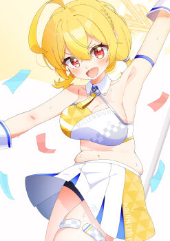 Rule 34 | 1girl, absurdres, ahoge, armpits, blonde hair, blue archive, breasts, cheerleader, cleavage, commentary request, cowboy shot, gloves, hair between eyes, halo, highres, jewelry, kotori (blue archive), kotori (cheer squad) (blue archive), looking at viewer, mashi stkt, millennium cheerleader outfit (blue archive), muffin top, name tag, navel, official alternate costume, open mouth, plump, red eyes, simple background, skirt, solo, sports bra, stomach, sweat, thighlet, two-tone sports bra, white gloves, white skirt