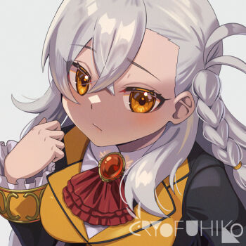 1girl antenna_hair ascot braid brooch closed_mouth commentary_request crossed_bangs fate/grand_order fate_(series) frilled_sleeves frills grey_hair hair_between_eyes jewelry long_sleeves looking_at_viewer olga_marie_animusphere red_ascot ryofuhiko simple_background solo white_background