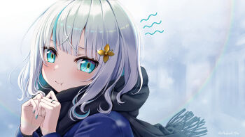 1girl :t ars_almal ars_almal_(7th_costume) black_scarf blue_eyes blue_hair blue_streaks blush closed_mouth colored_inner_hair hair_ornament highres multicolored_hair nijisanji scarf short_hair simple_background solo streaked_hair tatami_kami upper_body virtual_youtuber white_hair winter_uniform