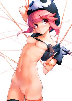 1girl absurdres arm_up asymmetrical_legwear ataruman black_gloves blush breasts cleft_of_venus collarbone gloves gun handgun hat highres holster jakuzure_nonon kill_la_kill knife life_fiber looking_at_viewer navel nipples nudist_beach_uniform pink_eyes pink_hair pussy shoulder_holster simple_background small_breasts solo standing string uncensored weapon white_background