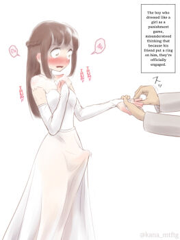 2boys blush braid breasts bridal_gauntlets bride brown_hair bulge crossdressing crossdressing_(mtf) dress erection erection_under_clothes jewelry kana_(kana_mtftg) long_hair male_bride multiple_boys open_mouth original ring simple_background single_braid small_breasts third-party_edit translated trap wedding_dress wedding_ring white_background yaoi