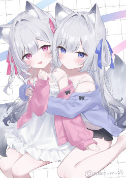 2girls animal_ear_fluff animal_ears arm_at_side bare_legs bare_shoulders black_shorts blue_eyes blue_jacket blue_ribbon blush bow braid braided_bangs breasts camisole closed_mouth collarbone dress feet_out_of_frame frilled_dress frills gradient_hair grey_hair grey_tail hair_intakes hair_ribbon hair_rings hand_up hug hug_from_behind jacket jacket_partially_removed long_hair long_sleeves looking_at_viewer meibi_1 midriff multicolored_hair multiple_girls off_shoulder open_clothes open_jacket open_mouth original pink_jacket red_eyes red_ribbon ribbon short_dress short_shorts shorts siblings simple_background sitting sleeves_past_wrists small_breasts smile spaghetti_strap strap_slip sundress tail tail_raised twins two_side_up wariza watermark white_background white_camisole white_dress