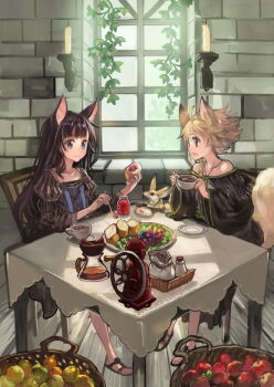 2girls animal_ears apple bare_shoulders basket black_hair blonde_hair braid candle coffee coffee_pot cup food fox fox_ears fox_tail fruit jam long_hair multiple_girls okishiji_en orange_(fruit) original sandals short_hair side_braid spoon table tail window
