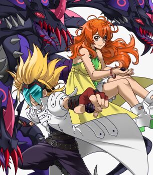 1boy 1girl alice_gehabich alpha_hydranoid ankle_boots bakugan bakugan_battle_brawlers belt black_scales blonde_hair blue-tinted_eyewear boots bracelet brown_eyes card coat dragon duster fingerless_gloves forcestrix full_body gloves grin hands_up highres holding holding_card horns jewelry long_hair looking_at_viewer masquerade_(bakugan) multiple_belts multiple_heads orange_hair outstretched_arms own_hands_together pants parted_lips puffy_short_sleeves puffy_sleeves purple_pants red_eyes red_gloves ringed_eyes sharp_teeth short_sleeves shorts single_horn sleeveless_duster smile spiked_hair spikes spread_arms sunglasses teeth tinted_eyewear triangular_eyewear white_boots white_coat white_shorts yellow_coat