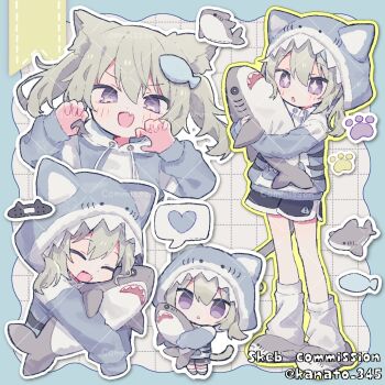 +_+ 1girl :d :o blue_border blue_hoodie blush_stickers border chibi commentary_request commission drawstring fang fish_hair_ornament full_body green_hair grid_background hair_between_eyes hair_ornament heart highres holding holding_stuffed_toy hood hood_down hoodie kanamochi_kanato long_sleeves looking_at_viewer multiple_views open_mouth original outline outside_border purple_eyes short_hair skeb_commission skin_fang smile spoken_heart standing stuffed_animal stuffed_shark stuffed_toy twitter_username white_background white_outline