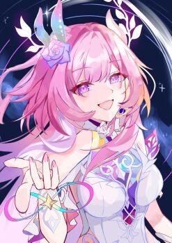 1girl amphoreus_(honkai:_star_rail) bare_shoulders botamochi_(mochi_bota0840) breasts commentary_request cyrene_(honkai:_star_rail) cyrene_(ripples_of_past_reverie)_(honkai:_star_rail) diamond-shaped_pupils diamond_(shape) fingernails flower hair_flower hair_intakes hair_ornament hand_up highres honkai:_star_rail honkai_(series) long_hair looking_at_viewer medium_breasts nail_polish open_mouth pink_hair pink_nails purple_eyes purple_flower revision smile solo symbol-shaped_pupils upper_body