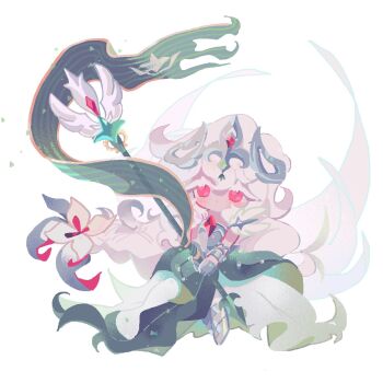 1girl armored_boots armored_gloves boots braid braided_ponytail chibi chibi_only closed_mouth colored_eyelashes commentary cookie_run cookie_run:_kingdom dot_mouth double-parted_bangs flower gloves green_skirt grey_armor grey_boots grey_gloves hair_between_eyes hair_flower hair_ornament highres holding holding_staff layered_skirt long_hair long_skirt looking_up official_alternate_costume pink_eyes reed silver_tiara simple_background single_braid skirt solo staff symbol-only_commentary tiara very_long_hair white_background white_eyelashes white_flower white_hair white_lily white_lily_cookie white_lily_cookie_(dawnbringer) white_skirt