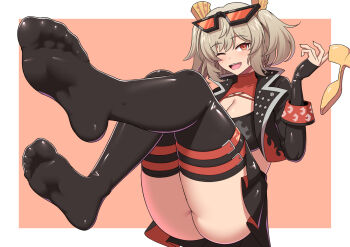 Rule 34 | 1girl, ass, blonde hair, breasts, burnice white, cleavage, eyewear on head, feet, foot focus, glasses, holding, holding shoes, holding unworn clothes, jacket, jkisaradu, legs, looking at viewer, one eye closed, open clothes, open jacket, open mouth, red eyes, shoes, short hair, simple background, sitting, skirt, soles, solo, thighs, unworn shoes, zenless zone zero