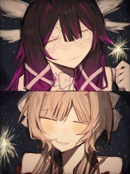 2girls bare_shoulders black_background black_bow black_hair blunt_bangs blush bow brown_hair choker cholerr closed_eyes closed_mouth columbina_(genshin_impact) commentary detached_collar english_commentary eye_mask feathered_wings genshin_impact gradient_hair hair_between_eyes hair_bow hair_ornament hand_up happy head_wings highres holding holding_fireworks long_hair mask multicolored_hair multiple_girls new_year purple_hair sandrone_(genshin_impact) short_hair_with_long_locks smile snowing teeth two-tone_hair upper_body white_bow white_choker white_headdress white_mask wing_collar wings x_hair_ornament