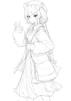 Rule 34 | 1girl, alucard pie, animal ears, animal hair ornament, bag, beret, braid, breasts, cardigan, closed mouth, collared dress, commentary, corrupted twitter file, dog ears, dress, feet out of frame, flower, from side, greyscale, hair flower, hair ornament, hands up, hat, hat ornament, hatching (texture), heterochromia, highres, holding strap, inui toko, inui toko (fall casual), long hair, long sleeves, looking at viewer, looking to the side, medium breasts, medium dress, monochrome, neck ribbon, nijisanji, no tail, one ear down, open cardigan, open clothes, puffy long sleeves, puffy sleeves, red eyes, ribbon, shoulder bag, simple background, sketch, sleeves past wrists, smile, solo, spot color, unfinished, very long hair, virtual youtuber, waving, yellow eyes