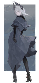 1girl absurdres arknights black_boots black_dress black_pantyhose black_shoes blue_dress blue_sky boots border commentary_request cross_scar dress elbow_pads from_behind full_body gloves grey_eyes grey_gloves grey_hair hair_intakes head_wings highres irene_(arknights) irene_(the_adjudicatrix_and_her_resolve)_(arknights) korean_commentary looking_back medium_hair nero_(nero_nyam) open_mouth outside_border pantyhose red_pupils scar scar_across_eye scar_on_face shirt shoes simple_bird sky solo turtleneck turtleneck_shirt white_border wings