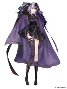 1girl absurdres arm_up asymmetrical_legwear black_boots black_cape black_hair black_hanbok black_skirt black_socks black_thighhighs boots breasts cape closed_mouth commentary_request copyright_name copyright_notice earrings fishnet_socks fishnet_thighhighs fishnets full_body fur-trimmed_cape fur_trim grey_hair hanbok highres holding holding_unworn_cape holding_unworn_clothes hololive hololive_english jeogori_(clothes) jewelry knee_boots kneehighs korean_clothes large_breasts long_hair looking_at_viewer multicolored_hair official_art purple_cape sankyaku_tako shiori_novella simple_background single_kneehigh single_sock single_thighhigh skirt smile socks solo spiked_thigh_strap split-color_hair thighhighs two-sided_cape two-sided_fabric two-tone_hair uneven_legwear unworn_cape virtual_youtuber white_background yellow_eyes