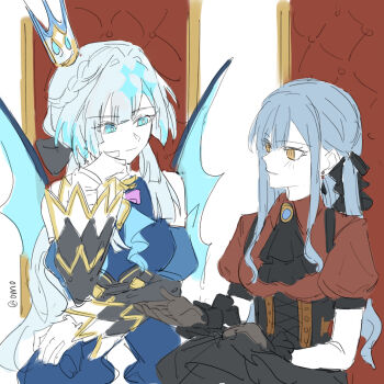 2girls ascot bang_dream! bang_dream!_it&#039;s_mygo!!!!! black_ascot black_corset black_gloves blue_eyes blue_hair cerydra_(honkai:_star_rail) chinese_commentary commentary_request corset crown gloves highres honkai:_star_rail honkai_(series) long_hair long_sleeves multiple_girls oblivionis_(bang_dream!) omo_cccc open_mouth red_shirt shirt short_hair short_sleeves sidelocks togawa_sakiko voice_actor_connection yellow_eyes