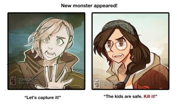 1girl 1other alma_(monster_hunter_wilds) artist_name blonde_hair brown_eyes brown_hair commentary english_commentary erik_(monster_hunter_wilds) glasses green_eyes jacket jewelry long_hair looking_at_viewer meme monster_hunter_(series) monster_hunter_wilds necklace open_mouth teeth zennorec