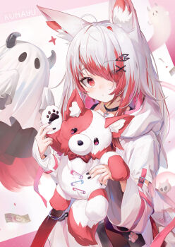 1girl :o absurdres animal_ear_fluff animal_ears black_nails blush character_name colored_inner_hair dress fox_ears ghost hair_ornament hair_over_one_eye highres holding holding_stuffed_toy hooded_dress long_hair looking_at_viewer money multicolored_hair nail_polish qiaogun_damodao red_hair safety_pin solo streaked_hair stuffed_animal stuffed_fox stuffed_toy syusetu_kohaku upper_body vee_(vtuber) virtual_youtuber white_dress white_hair x_hair_ornament