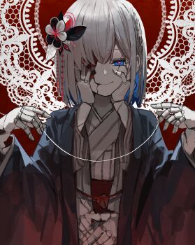 1girl absurdres black_flower black_haori blue_eyes blue_hair cevio closed_mouth colored_inner_hair commentary_request commission diamond_earrings earrings extra_arms flower hair_flower hair_ornament hands_on_own_face hands_up haori highres japanese_clothes jewelry kamitsubaki_studio kimono medium_hair multicolored_flower multicolored_hair red_background rime_(cevio) skeb_commission smile solo upper_body uranosebi white_flower white_hair white_kimono