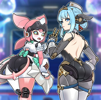 2girls android aria_(robot)_(zenless_zone_zero) aria_(zenless_zone_zero) ass ass_focus bare_shoulders black_sclera blue_eyes blue_hair blush breasts colored_sclera embarrassed from_behind genshin_impact gimnang green_eyes ineffa_(genshin_impact) leaning leaning_forward long_hair looking_at_viewer looking_back multiple_girls naughty_face open_mouth parted_lips pink_hair robot robot_girl short_hair_with_long_locks sideboob smile v zenless_zone_zero