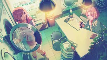 2girls arimura_mao bag blue_eyes book bottle brown_hair can cart ceiling_light chair from_above gakuen_idolmaster game_cg highres himesaki_rinami holding idolmaster laundromat laundry leaf multiple_girls official_art open_book open_mouth short_shorts shorts stool table tile_floor tiles trash_can vending_machine washing_machine