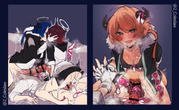 1boy 3futa arknights bison_(arknights) black_gloves black_horns breasts broken_condom cleavage condom condom_on_penis condom_wrapper croissant_(arknights) cum ejaculation erection exusiai_(arknights) futa_with_futa futa_with_male futanari gloves group_sex highres horns kiss large_penis medium_breasts mirin_chikuwa mostima_(arknights) multiple_futa orgy penis penis_size_difference pointless_condom sex small_breasts used_condom used_condom_on_penis white_gloves