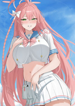 1girl absurdres ahoge blue_archive blue_sailor_collar blue_sky bow braid cloud commentary day green_eyes hair_bow halo hanako_(blue_archive) highres long_hair looking_at_viewer midriff navel outdoors pink_hair pink_halo pleated_skirt ref_(pmxt4483) sailor_collar single_braid skirt sky smile solo very_long_hair white_bow white_skirt