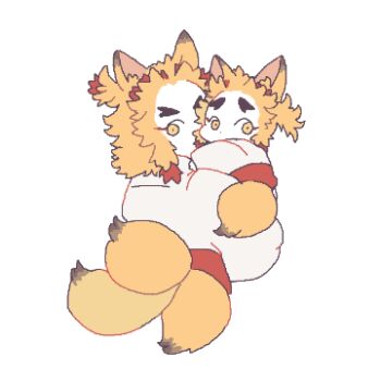 2boys animal_ears brothers commentary_request forked_eyebrows fox_ears fox_tail full_body kimetsu_no_yaiba kitsune looking_to_the_side lowres male_focus multiple_boys reed rengoku_kyoujurou rengoku_senjurou robe short_hair siblings sideways_glance tail thick_eyebrows white_background white_robe yellow_eyes