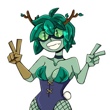 adventure_time antlers branch colored_skin fishnets forest gloves green_eyes green_hair green_skin highres horns huntress_wizard leaf mask nature non-web_source playboy_bunny rabbit_tail tail tanukihuey toon_(style) white_background