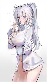 1girl absurdres alternate_costume bottomless breasts brushing_teeth commentary_request covered_erect_nipples cup grey_hair highres holding holding_cup honkai_(series) honkai_impact_3rd inhey kiana_kaslana kiana_kaslana_(herrscher_of_finality) korean_commentary large_breasts long_hair long_sleeves ponytail purple_eyes shirt solo unbuttoned wet wet_clothes wet_shirt white_hair