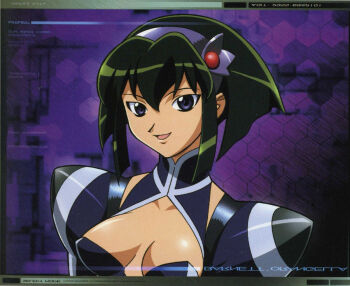 00s 1girl barnette_orangello blue_eyes breasts cleavage_cutout clothing_cutout english_text engrish_text female_focus green_hair hair_ornament kuroda_kazuya looking_at_viewer profile ranguage scan short_hair sidelocks smile solo tagme text_focus vandread