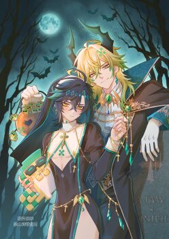 Rule 34 | 2boys, absurdres, ajaw (genshin impact), basket, black dress, black hair, black jacket, black veil, blonde hair, chest tattoo, commission, cross, cross earrings, dragon horns, dress, earrings, full moon, gem, genshin impact, gloves, green eyes, green gemstone, green hair, hair between eyes, halloween, happy halloween, highres, holding, holding basket, horns, humanization, jack-o'-lantern, jacket, jewelry, kinich (genshin impact), liu (erzplubdduik93g), long hair, long sleeves, male focus, moon, multicolored eyes, multicolored hair, multiple boys, tattoo, veil, white gloves