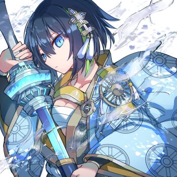 Rule 34 | 1girl, blue eyes, blue hair, blue kimono, breasts, cleavage, feathers, green hair, hair ornament, highres, holding, holding weapon, japanese clothes, kimono, kuuron (moesann17), multicolored hair, ornate clothes, puzzle &amp; dragons, seina (p&amp;d), serious, short hair, solo, splashing, streaked hair, sword, weapon, white kimono
