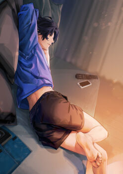 1boy asaba_harumasa barefoot black_hair black_shorts blue_shirt cellphone commentary_request controller couch feet highres long_sleeves lying male_focus on_couch open_clothes open_shirt phone pillow remote_control shirt short_hair shorts smartphone solo takashina_yuu toes zenless_zone_zero