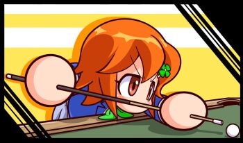 1girl ball billiard_ball billiards blazer blue_jacket clover_hair_ornament cue_stick drilljapan green_neckerchief grey_skirt hair_ornament highres holding holding_cue_stick jacket jikkyou_powerful_pro_yakyuu jikkyou_powerful_pro_yakyuu_(style) kurami_haruka neckerchief no_mouth orange_eyes orange_hair pool_table power_pro_kun_pocket power_pro_kun_pocket_7 rayman_limbs skirt solo table