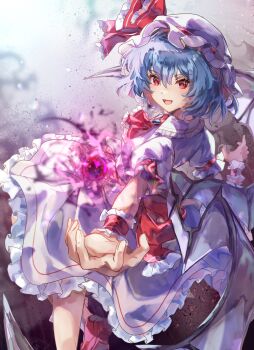 1girl ascot bat_wings blue_hair blush bow dress hat hat_ribbon highres looking_at_viewer mob_cap nanop38 open_mouth pink_hat puffy_sleeves purple_hair red_ascot red_eyes remilia_scarlet ribbon short_hair short_sleeves smile solo spear_the_gungnir touhou wings