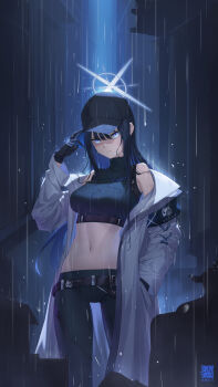 1girl absurdres arm_up armband artist_logo bare_shoulders baseball_cap belt black_armband black_belt black_gloves black_hair black_hat black_pants black_shirt blue_archive blue_eyes blue_hair blue_halo breasts buckle chest_harness closed_mouth coat colored_inner_hair commentary_request crop_top feilingdong gloves groin halo hand_in_pocket harness hat highres large_breasts logo long_hair looking_at_viewer midriff multicolored_hair navel no_mask off_shoulder open_clothes open_coat pants rain saori_(blue_archive) serious shaded_face shirt sleeveless sleeveless_shirt snap-fit_buckle solo standing toned wet wet_clothes white_coat