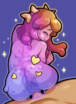 1boy 1girl anus ass blonde_hair blue_background blush bow closed_eyes closed_mouth cum cum_in_pussy ejaculation gradient_hair hair_bow heart hetero highres kalia3see long_hair looking_back monster_girl multicolored_hair penis personification pink_eyes pink_hair pov pussy see-through_body sex sex_from_behind slime_(terraria) slime_girl smile terraria uncensored vaginal